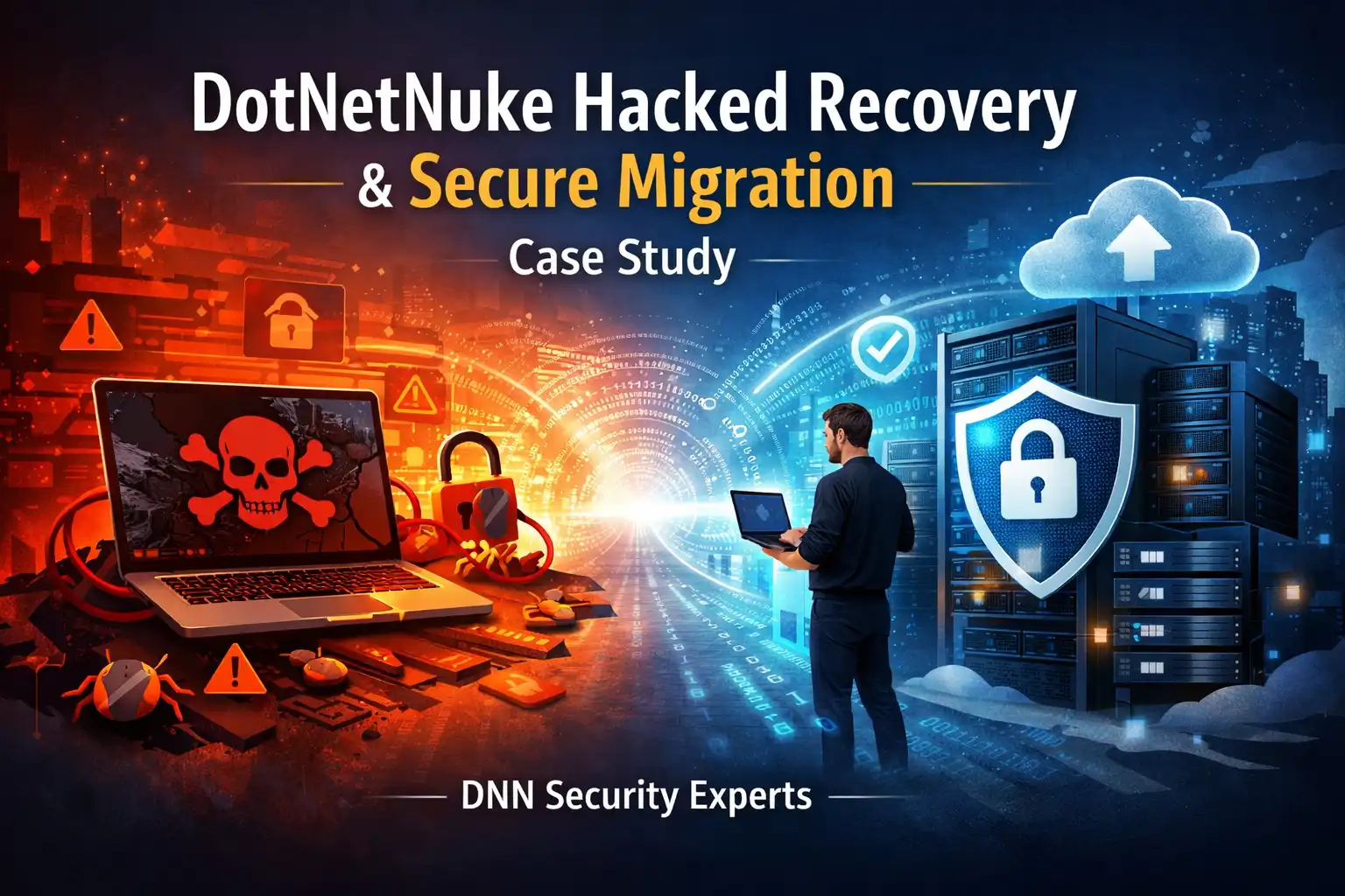DotNetNuke security breach recovery process diagram showing forensic analysis, threat elimination, and secure migration steps